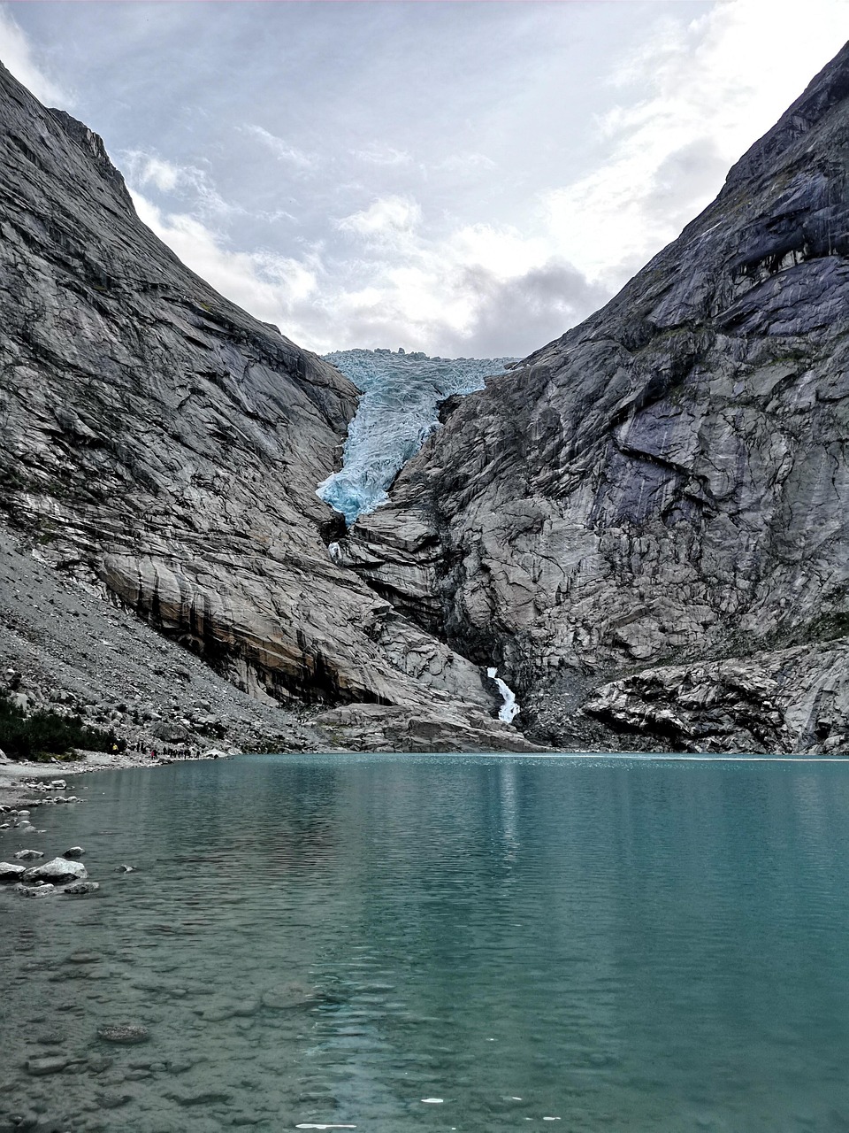 summer, glacier, mountains, rock, nature, hiking, scenic, lake, mountaineering, norway, briksdal glacier